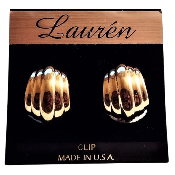 3/4' Rib Lined Half Hoop Clip On Earrings Vintage Polished Gold Tone Domed Curve - Picture 3 of 3